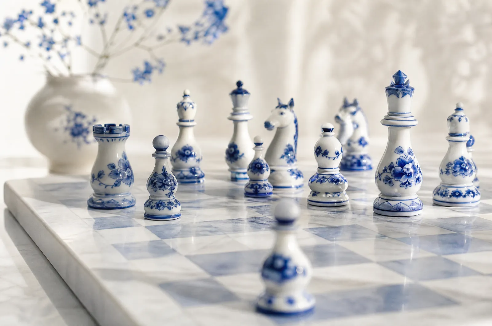 Gzhel chess pieces