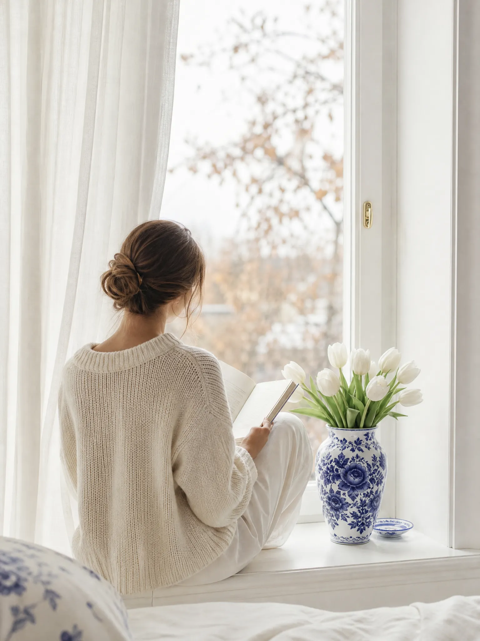 Reading by a tall window with white tulips